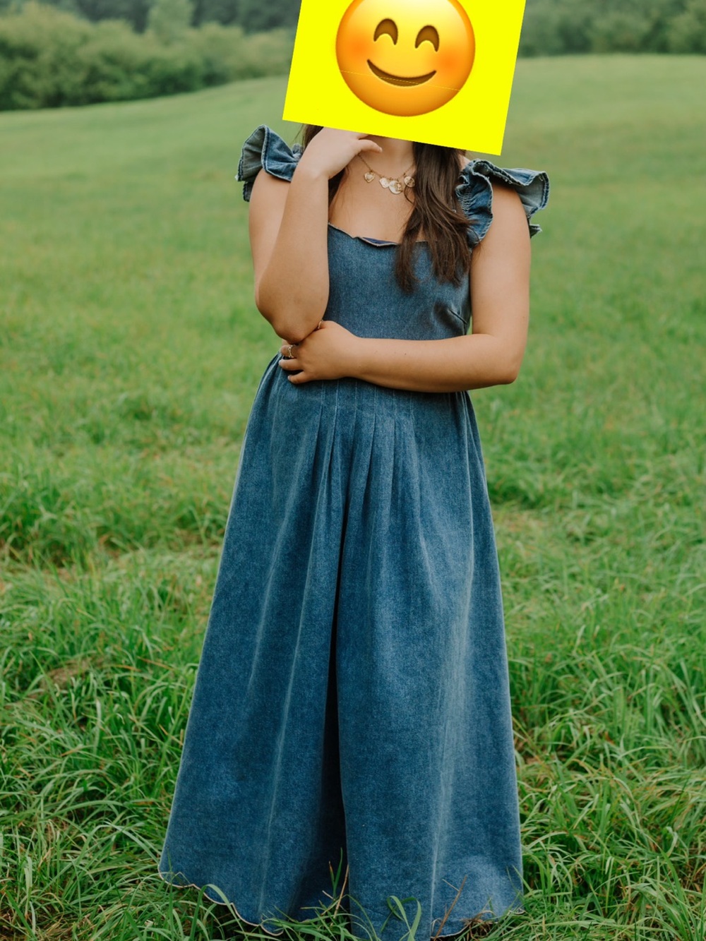 Denim Ruffle-Shoulder Maxi Dress